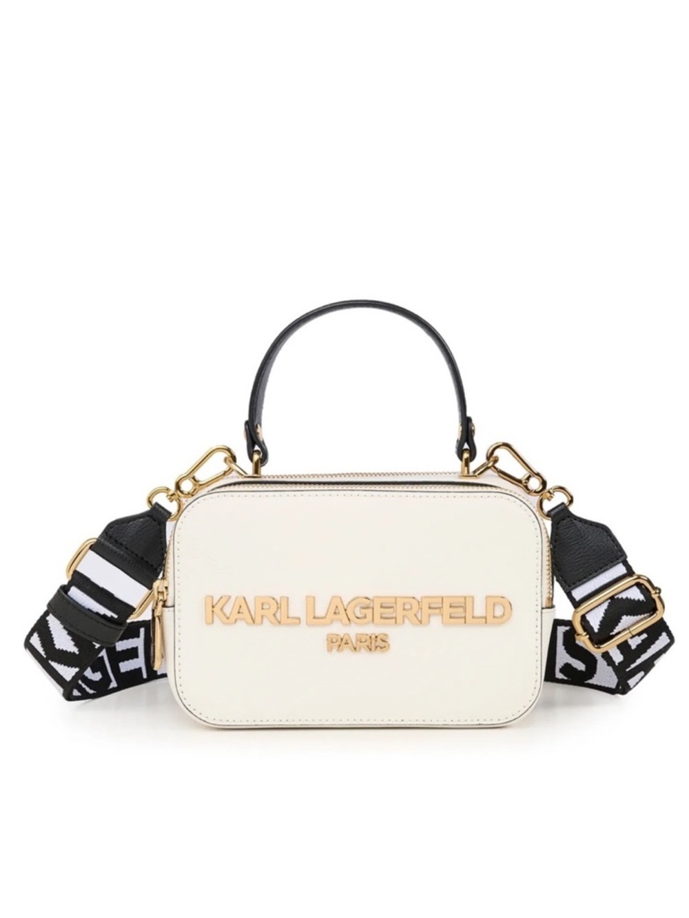 NWT Karl Lagerfeld Paris SIMONE CAMERA Crossbody Bag Logo Strap White with Gold